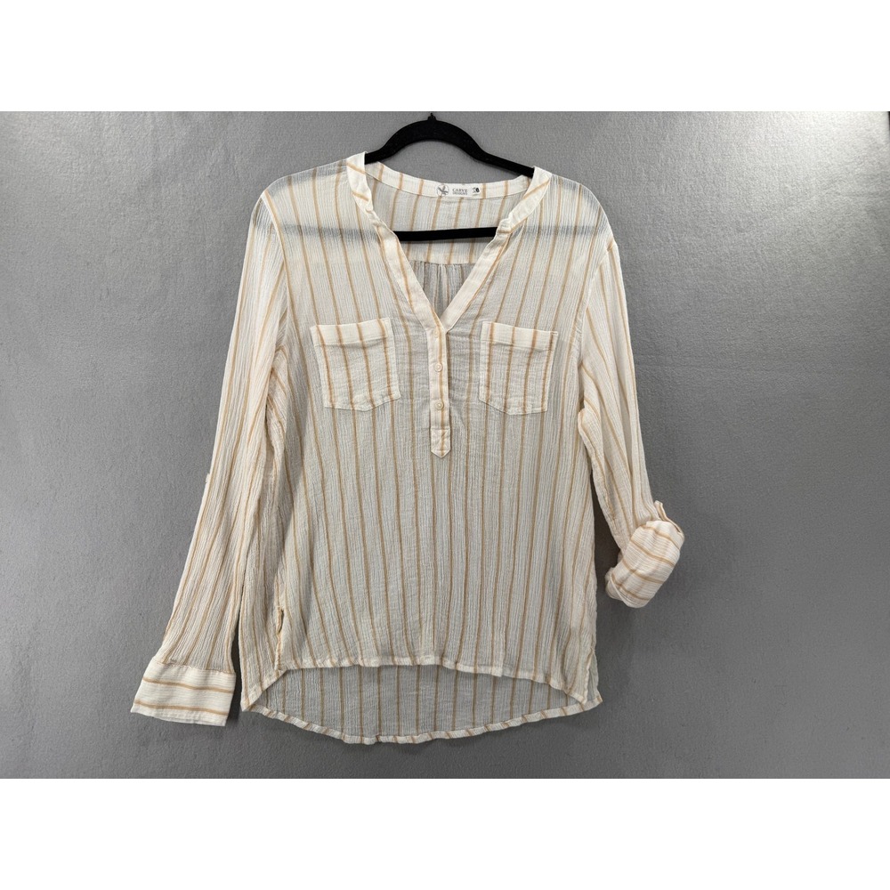 Carve Designs Dylan Popover Top Womens L White Tan Stripe Organic Shirt Coastal